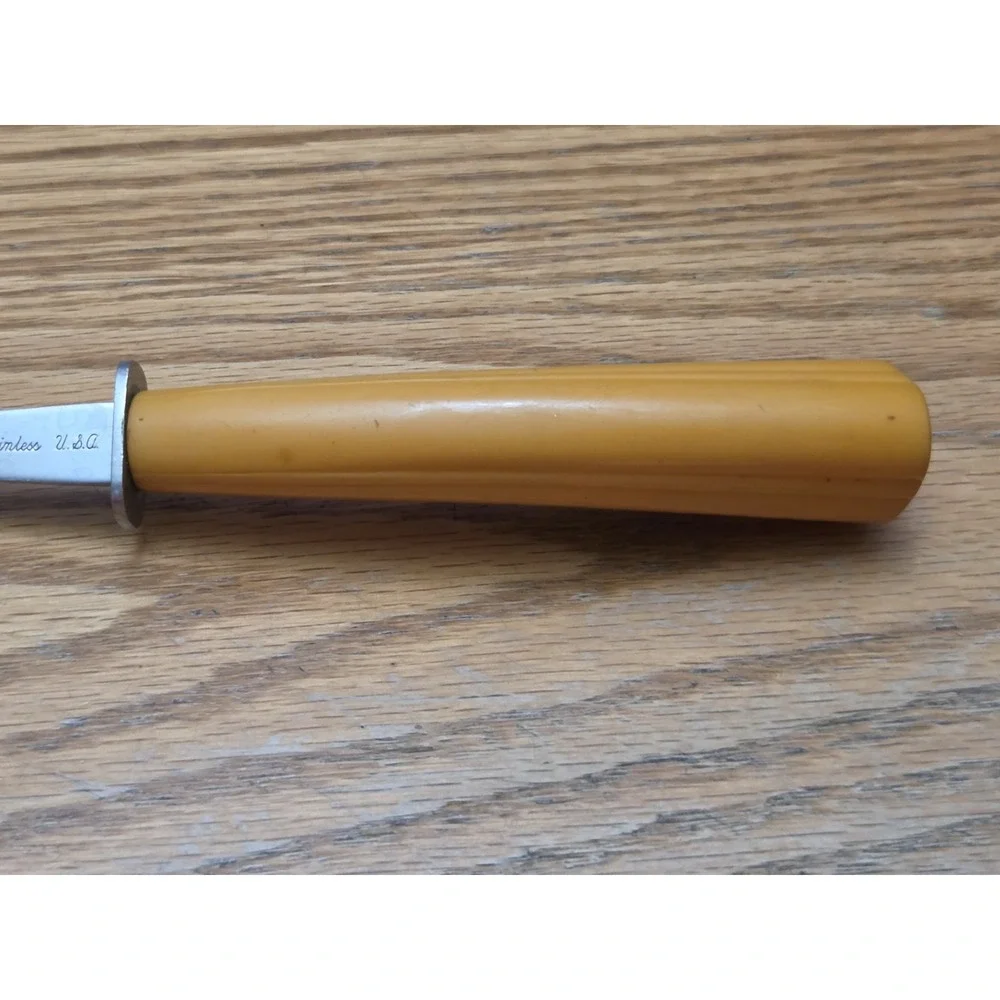 Vintage Geneva Stainless Meat Carving Fork Butterscotch Bakelite Curved Handle